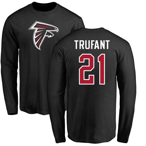 Atlanta Falcons Men Black Desmond Trufant Name And Number Logo NFL Football #21 Long Sleeve T Shirt